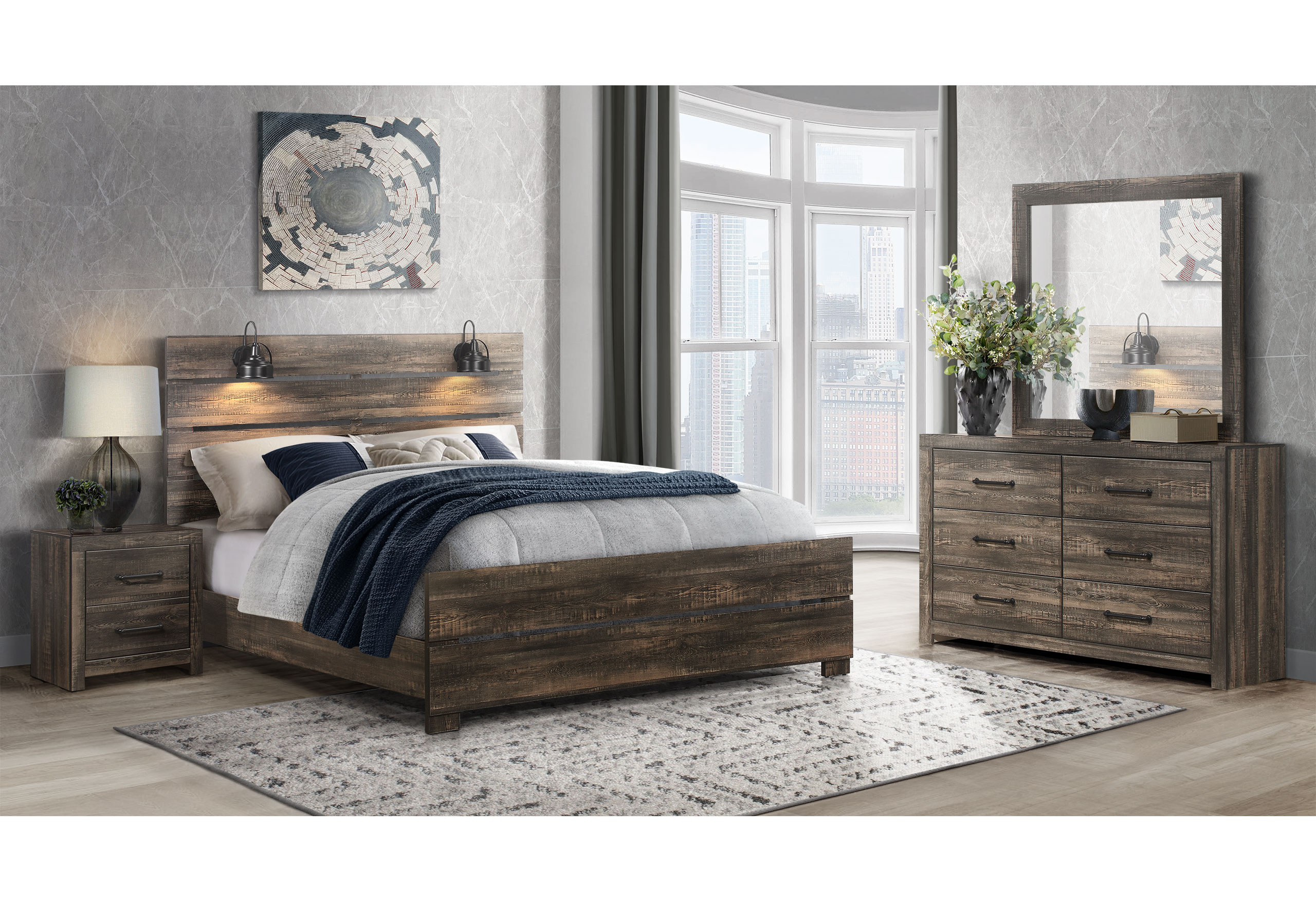 LINWOOD DARK OAK KING BED GROUP WITH LAMPS